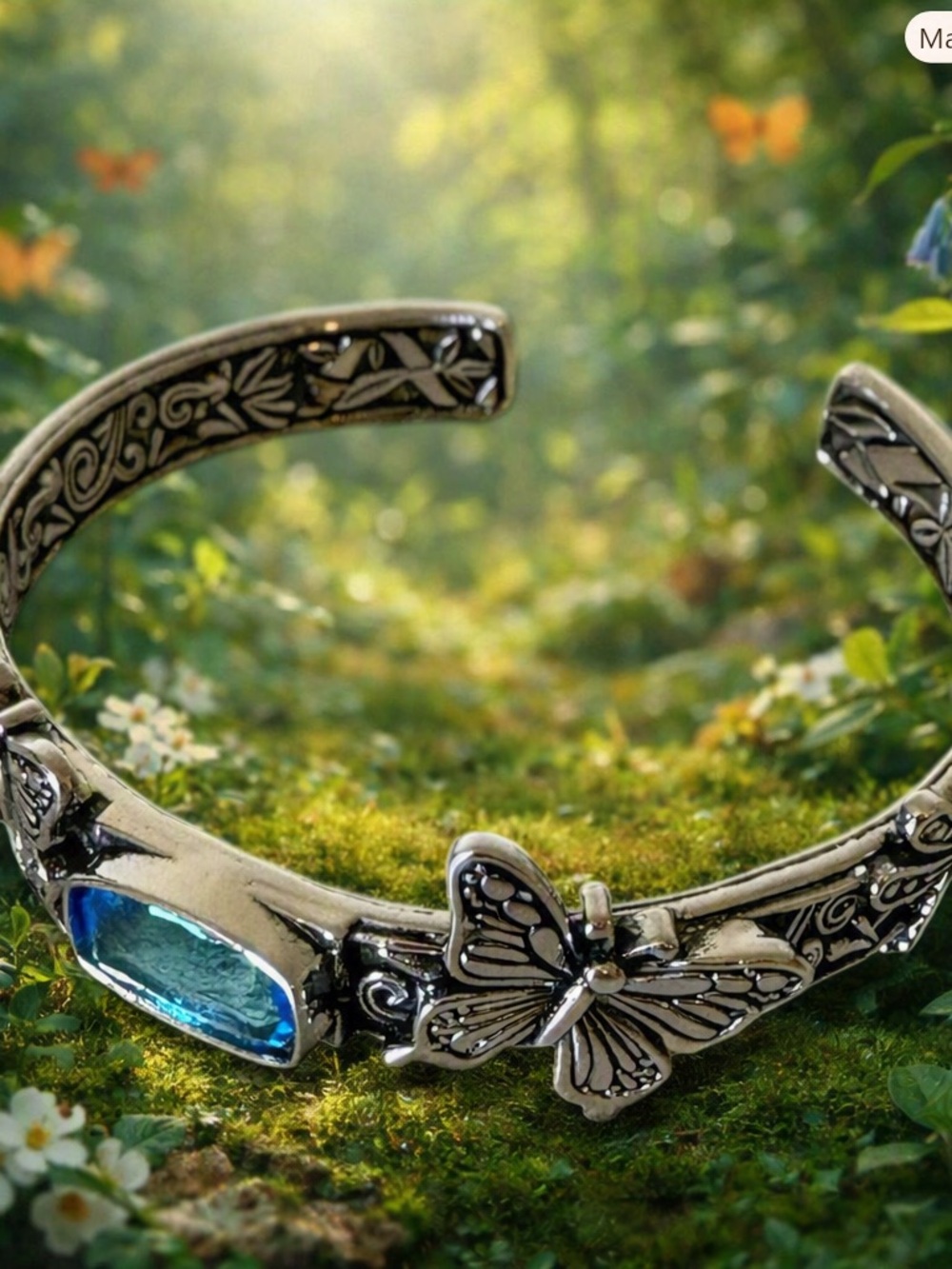 Silver Butterfly Cuff Bracelet with Blue Gem